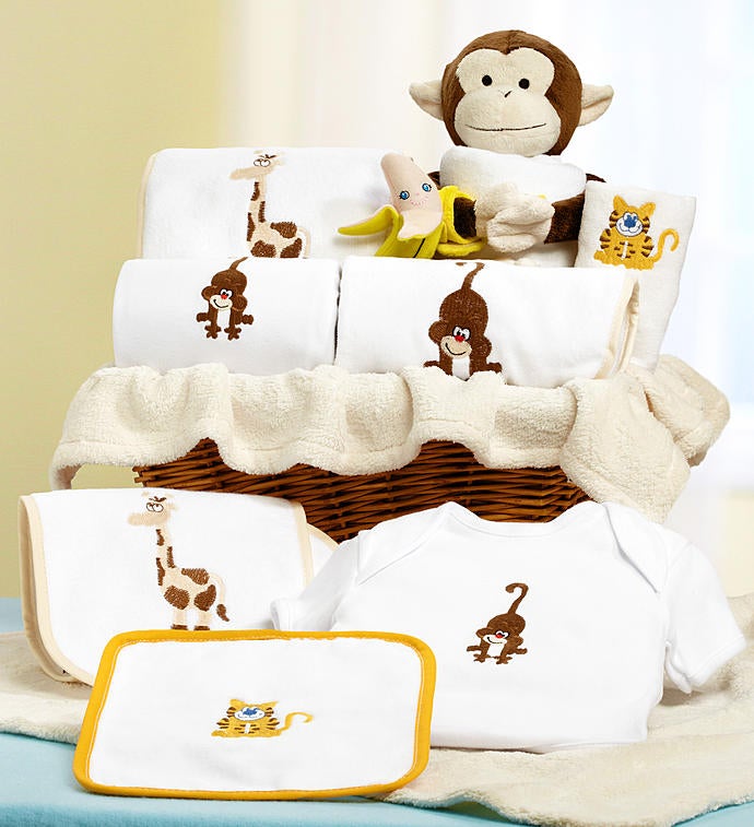 Jungle Friends New Baby Boy or Girl Gift Basket